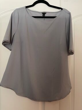 Ann Taylor Light Gray Scoop Neck Blouse with Pom Trim